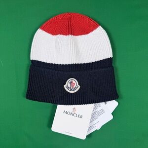 Moncler Unisex Knit Beanie Hat Red White Black One Size | Excellent